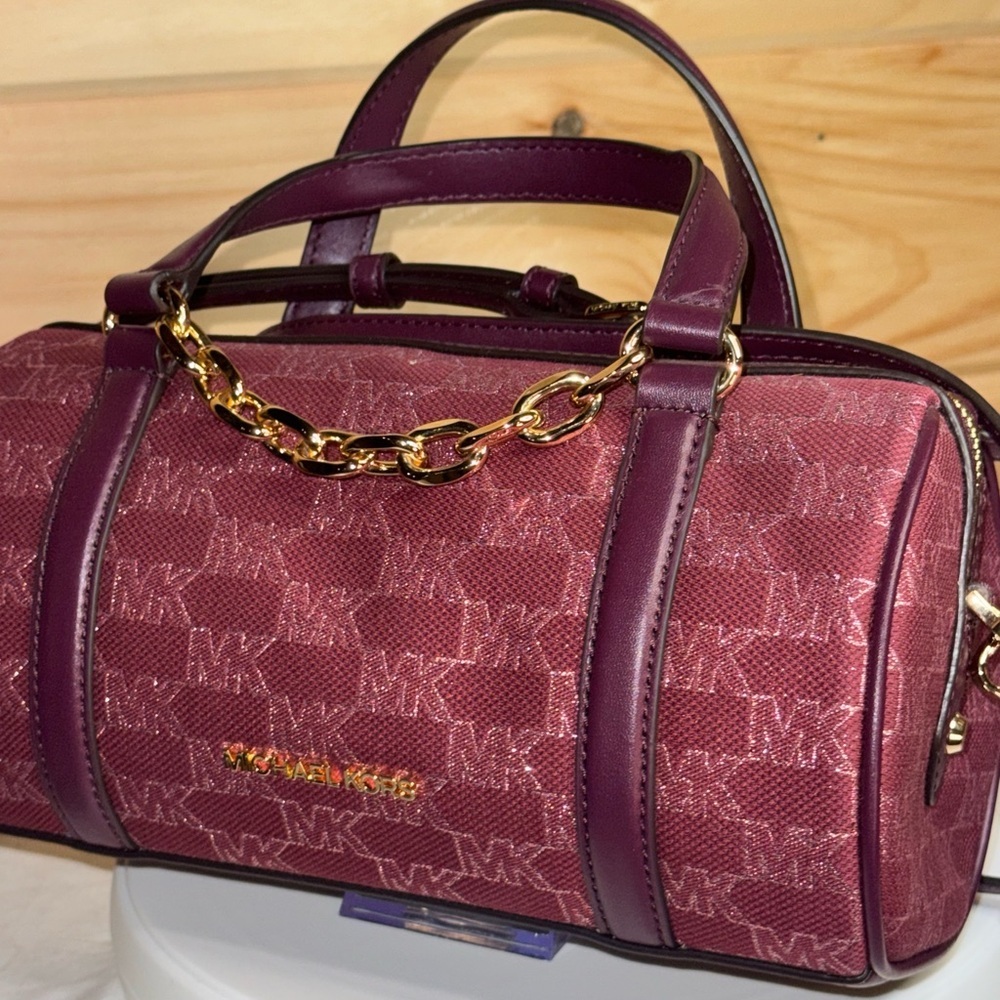 Michael Kors Zooey Medium Barrel Messenger Bag Mulberry Jacquard - Picture 4 of 16